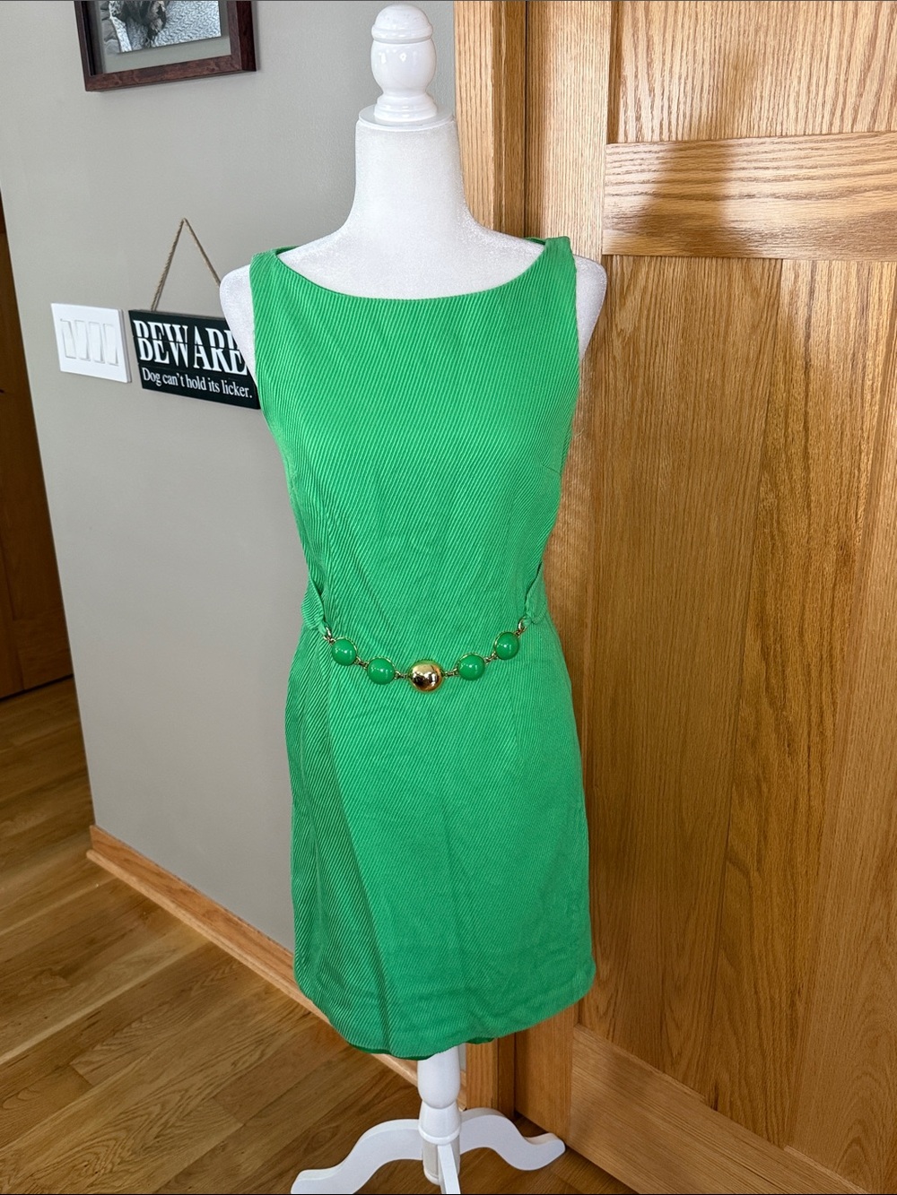 Milly of New York Emerald Green Sleeveless Sheath Dress with Gold Chain Belt